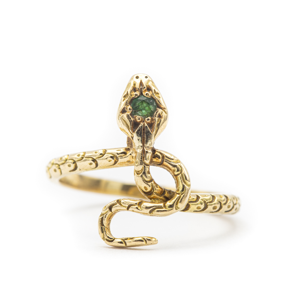 Handmade 18 ct gold snake ring set with an old cut emerald. | House of ...