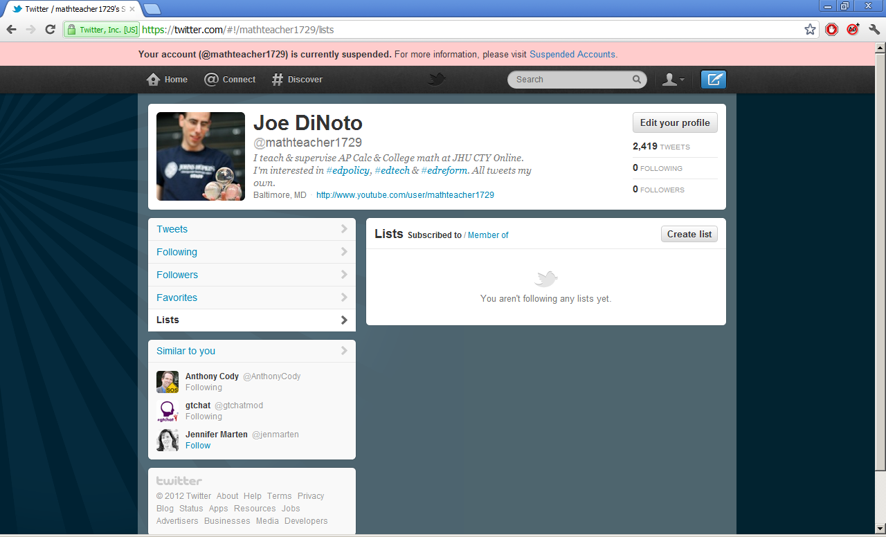 Joe DiNoto: Why was my Twitter account suspended?!