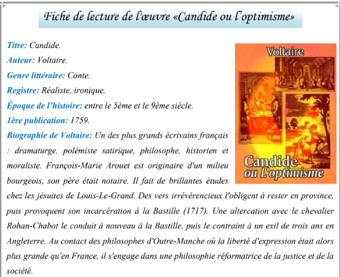 درس «Fiche de lecture de l’œuvre «Candide ou l’optimisme – اللغة الفرنسية – الثانية باكالوريا