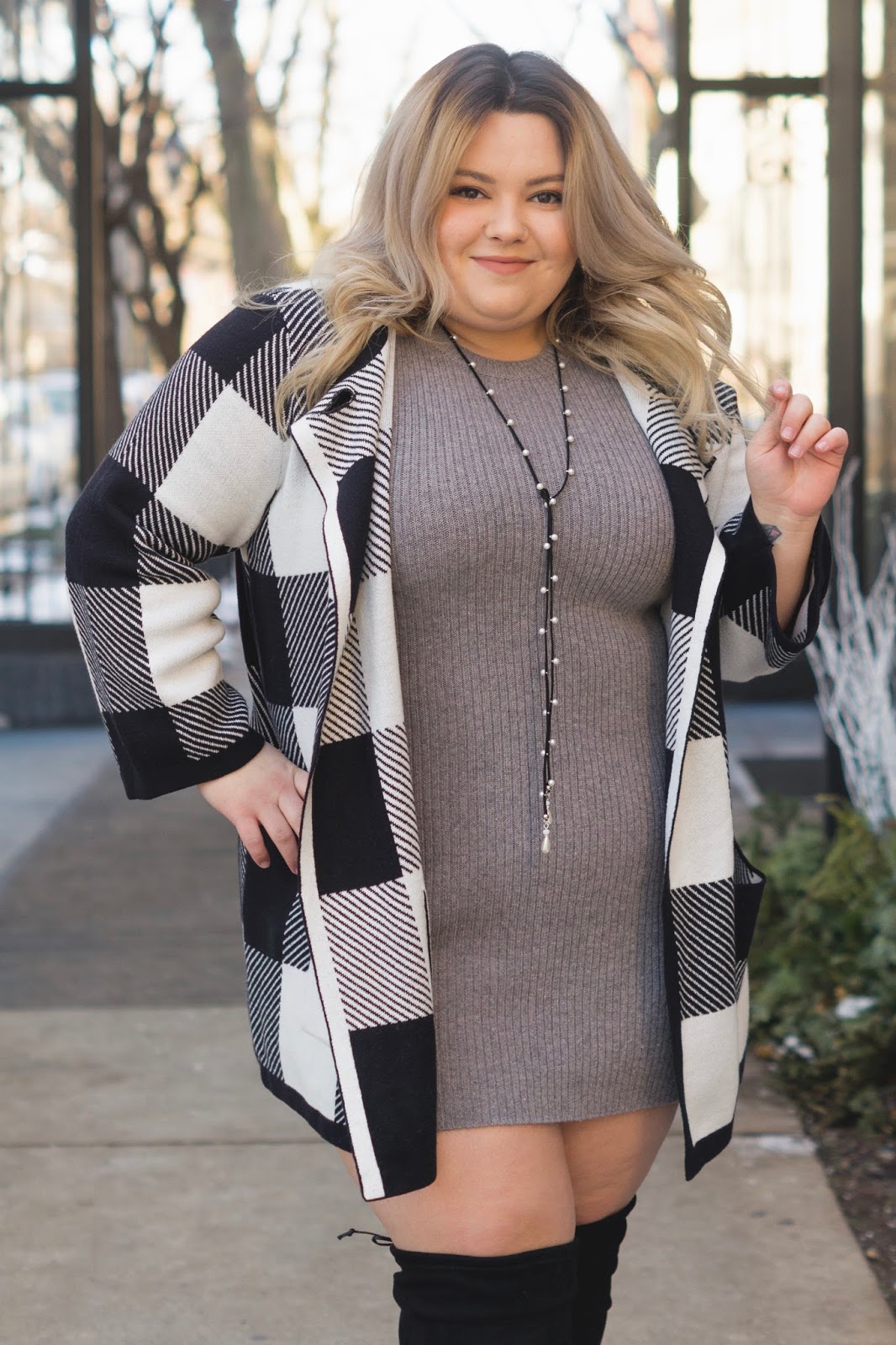 embrace your curves, wide calf over the knee boots, wide calf boots, alfani, macks plus size, affordable plus size clothing, plus size poncho, sweater jacket, Natalie craig, natalie in the city, plus size fashion, Chicago plus size fashion blogger, Chicago model, midwest blogger, eff your beauty standards