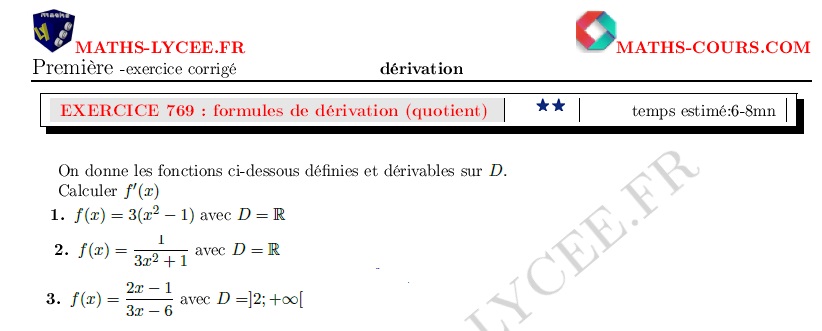 réf 769-Calculs de dérivées (formules de dérivation)