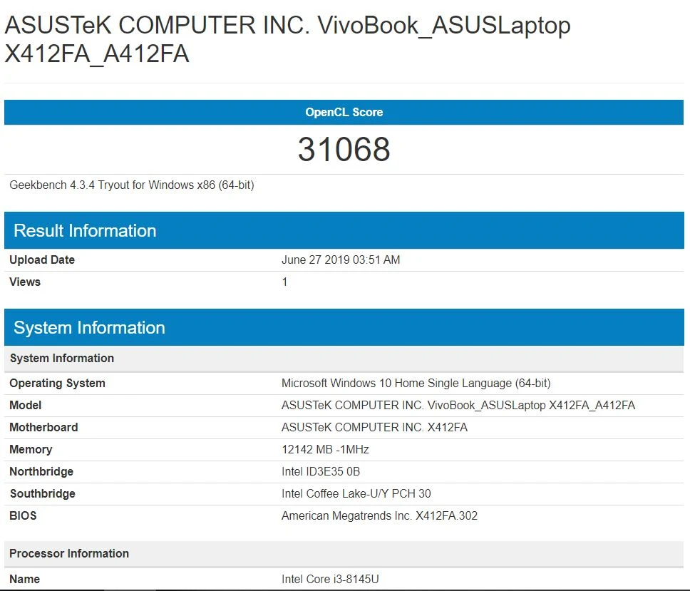 Benchmark Geekbench Compute Asus Vivobook Ultra A412FA EK303T