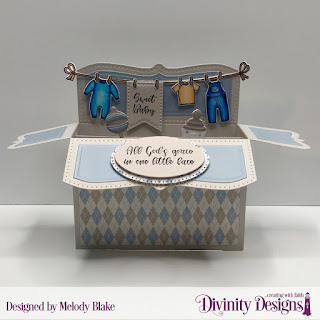 Divinity Designs Stamp Set: Sweet Baby, Stamp/Die Duos: Baby Clothesline, Custom Dies: Surprise Box Wide, Ovals, Pierced Ovals, Baby Blessings, Large Banners, Paper Collection: Baby Boy