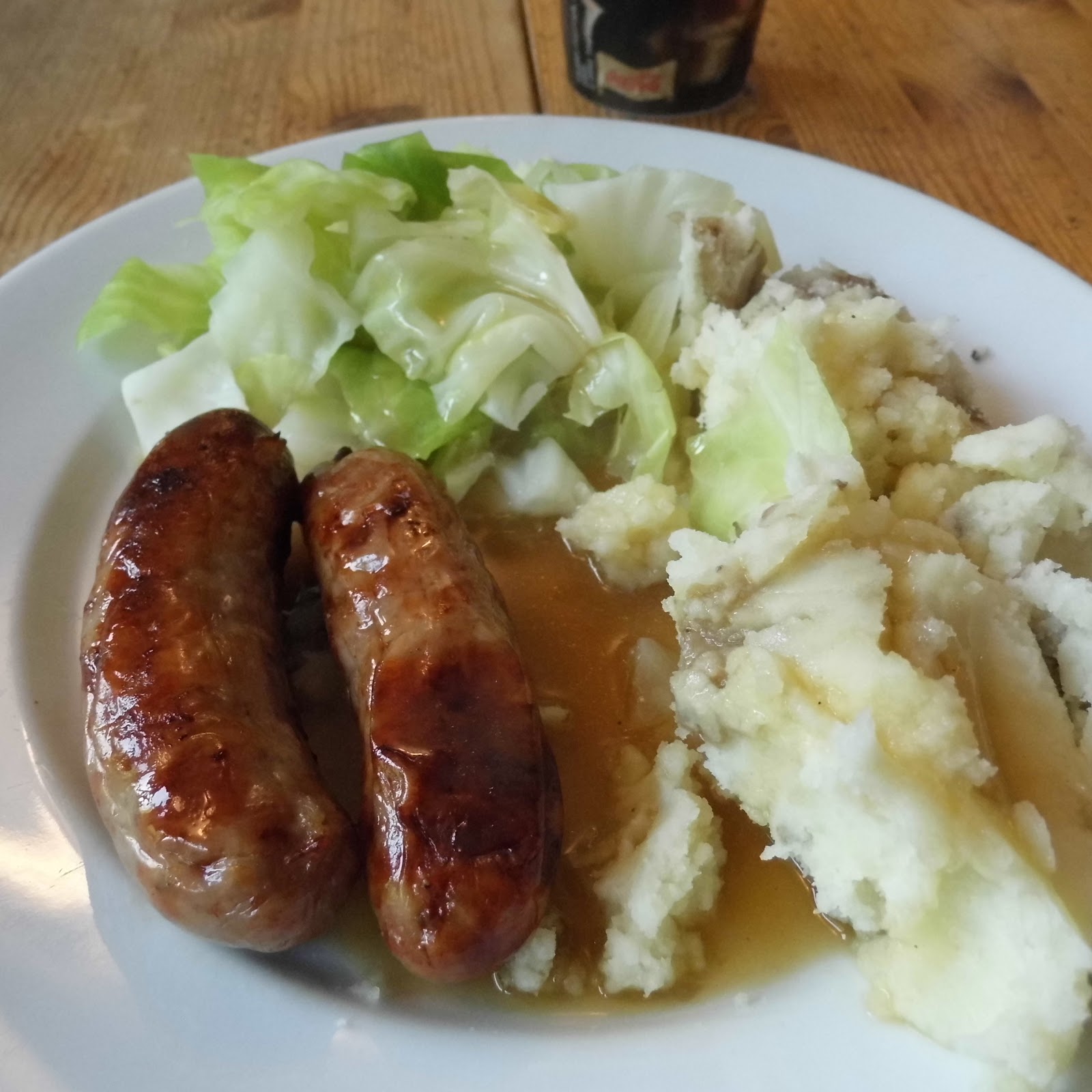 Kate's blog (Reading & Eating) Dinner, 4/5/20 Sausages, Mash, Cabbage