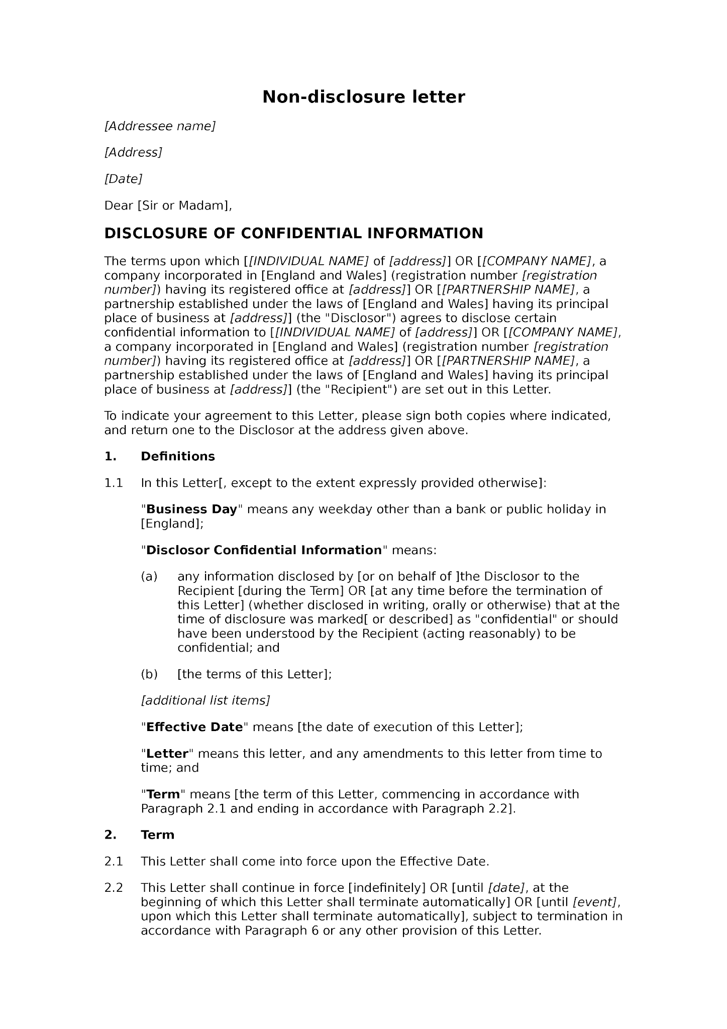 Disclosure Letter Template ~ Resume Letter