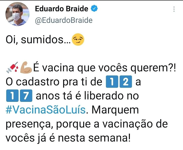 Prefeito Eduardo Braide anuncia abertura do cadastro de vacinação para pessoas de 12 a 17 anos