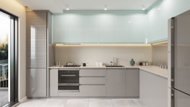 Blue grey L shaped kitchen
