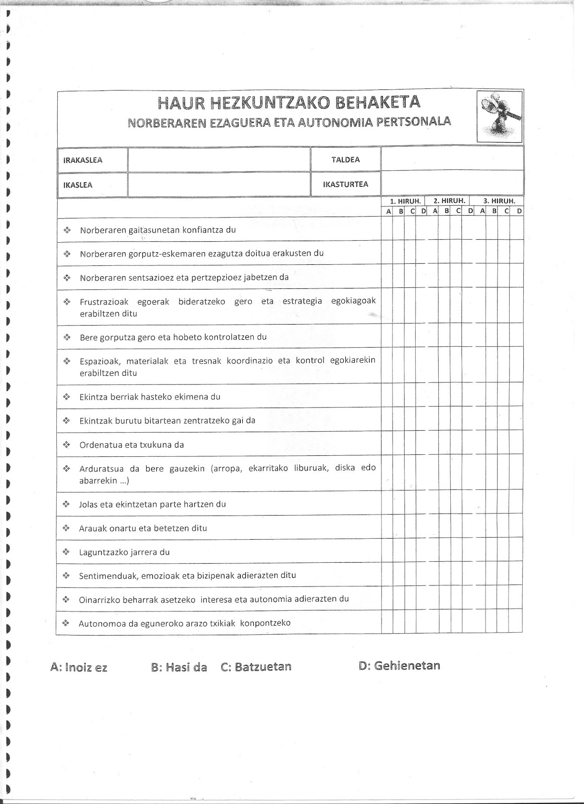 Pausoak: Practicum, egunerokoa: P.D., ikasleen ebaluaziorako orriak