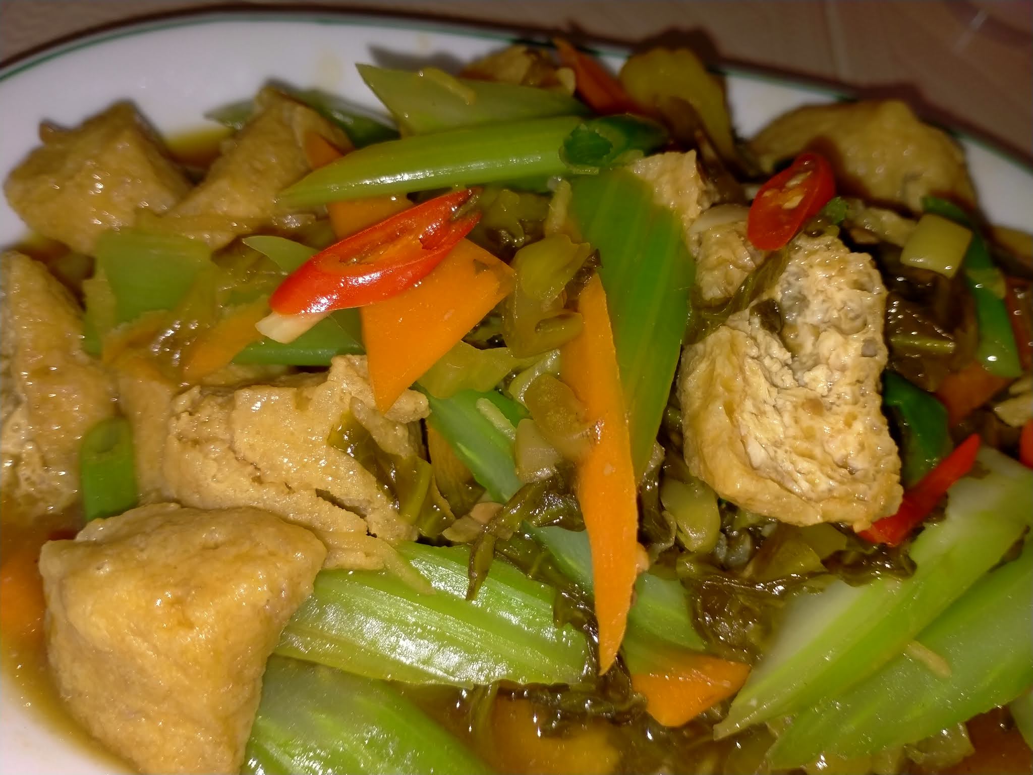 Cooking Pleasure FRIED TOFU PUFFS WITH KIAM CHYE AND CELERY