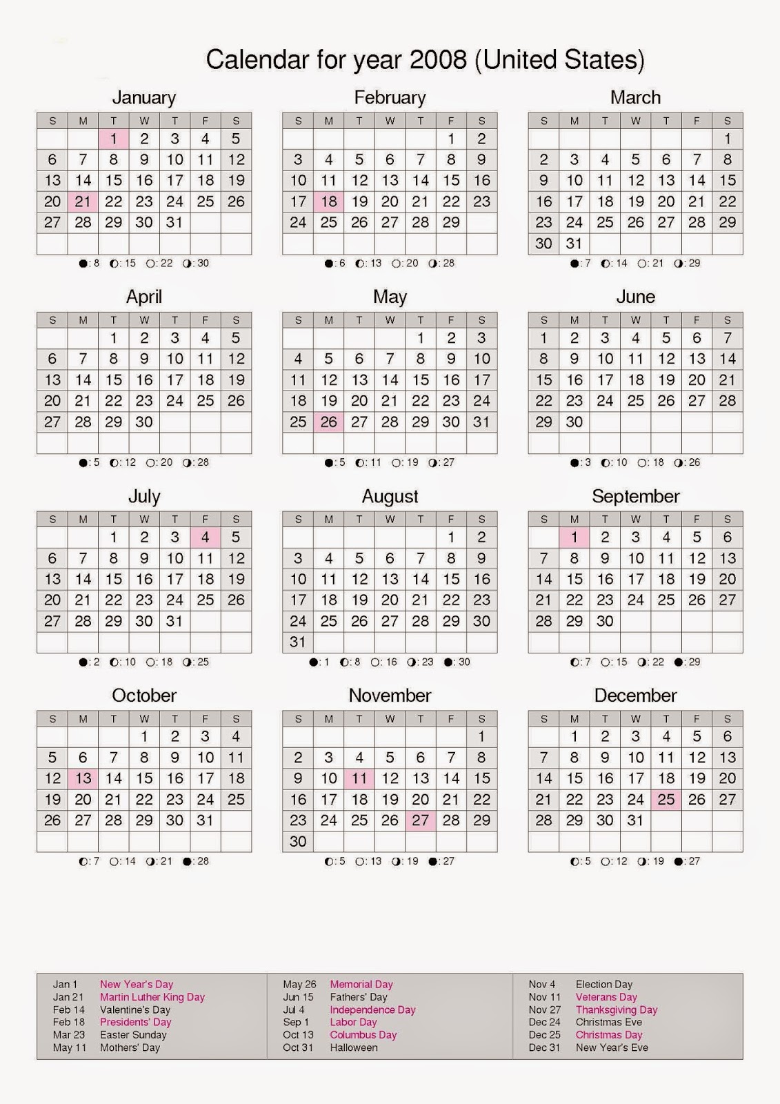 Calendar for Year 2008 United States United States Calendar