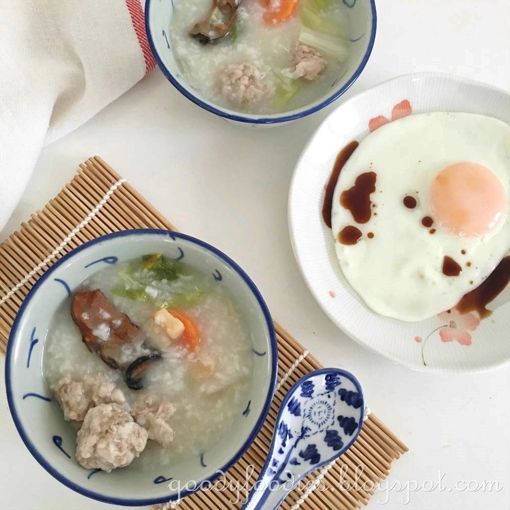 GoodyFoodies Recipe Congee with dried scallops and pork meatballs