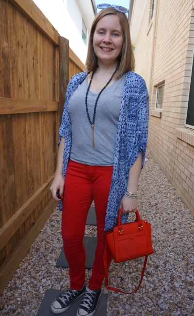 navy printed kimono with grey tee red skinny jeans matching bag SAHM spring outfit | away from blue
