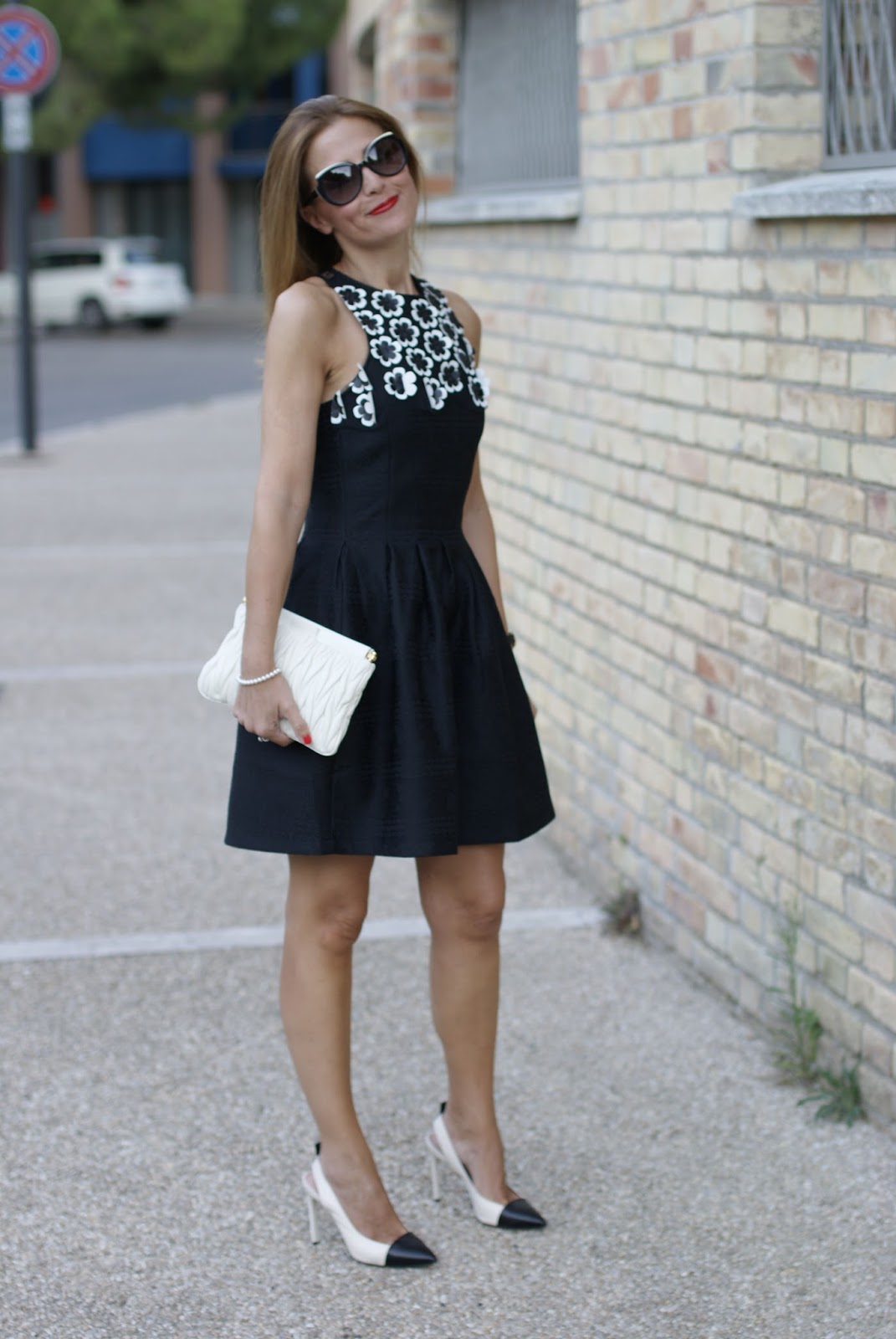 #DesigualSales black dress with 3d flowers and cap toe pumps on Fashion and Cookies fashion blog, fashion blogger style