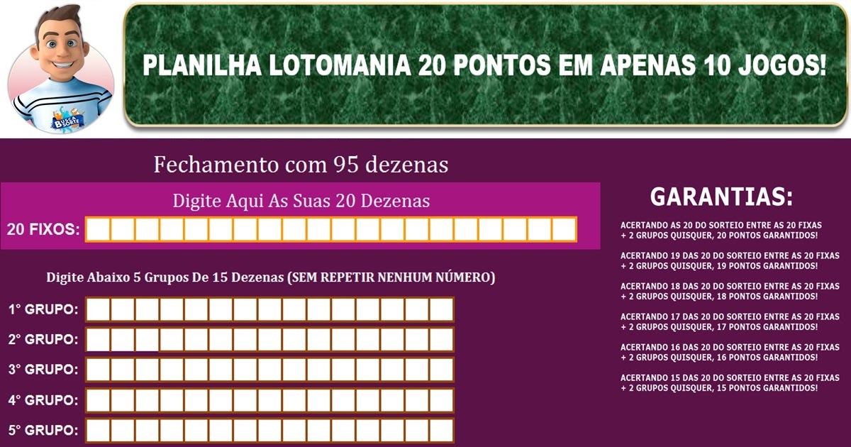 PLANILHA LOTOMANIA 20 PONTOS EM APENAS 10 JOGOS