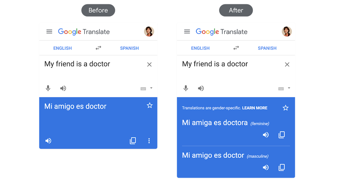 Comparison between the GUI of Google Translate before (left) and after