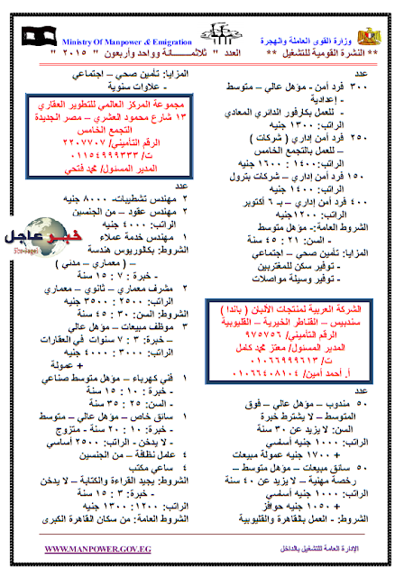 القوى العاملة " النشرة القومية الجديدة للتشغيل " تعلن عن 3840 وظيفة للجميع داخل وخارج مصر