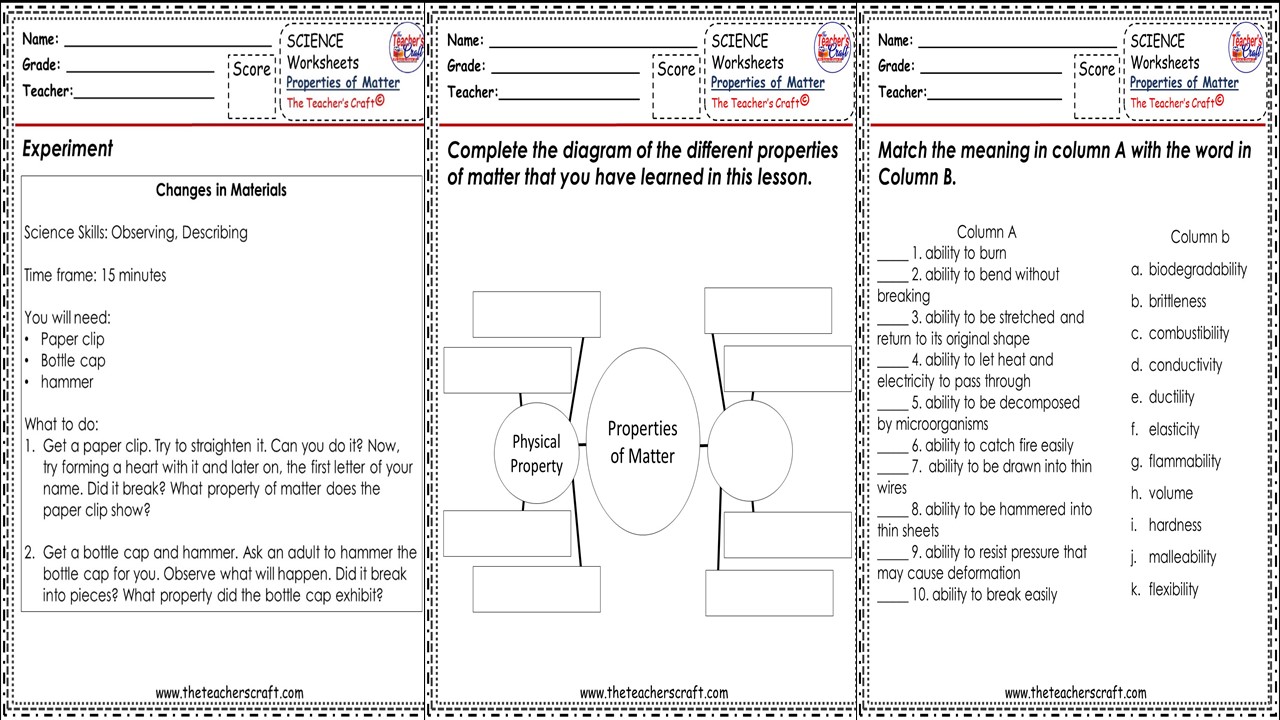 SCIENCE V- PROPERTY OF MATTER WORKSHEETS - The Teacher's Craft