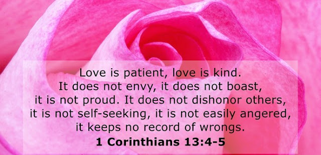 Love is patient, love is kind. It does not envy, it does not boast, it is not proud. It does not dishonor others, it is not self-seeking, it is not easily angered, it keeps no record of wrongs. 