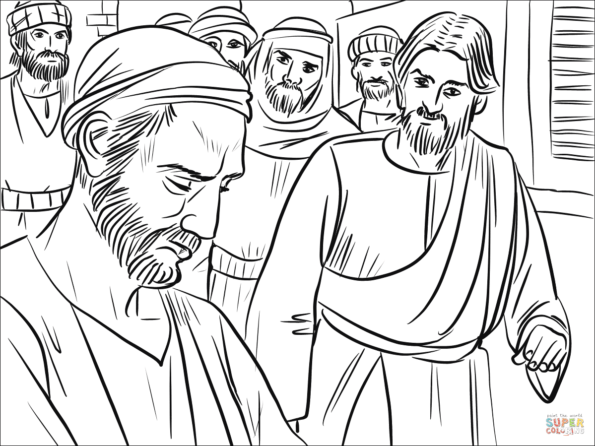 Curación del ciego de nacimiento. historia para colorear en 4 pasos