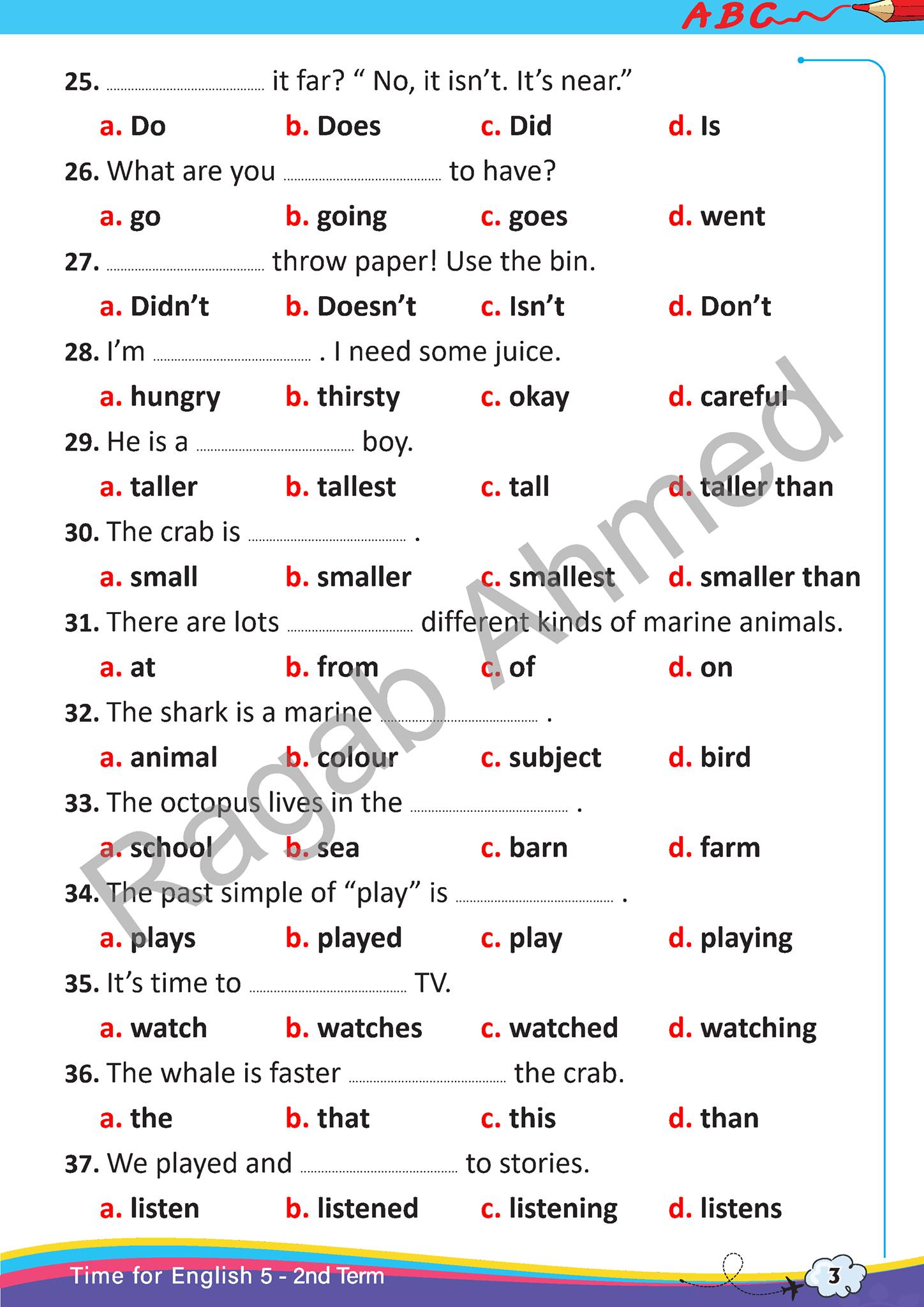  مراجعة اسئلة امتحان انجليزي خامسة ابتدائى ترم ثانى  3