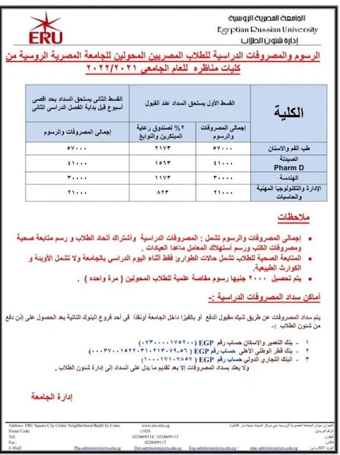 قائمة مصروفات الجامعة المصرية الروسية 2021-2022 جميع الكليات