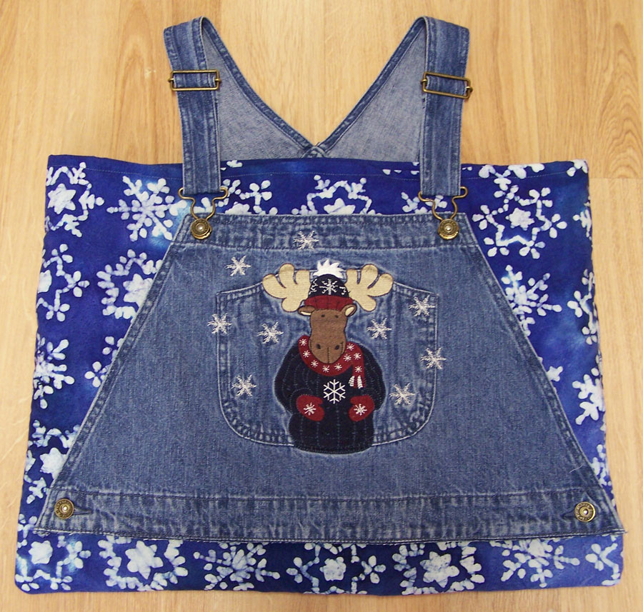 Denim Bib Overall Jeans Tote Book Craft Bag Purse Reindeer & Snowflakes