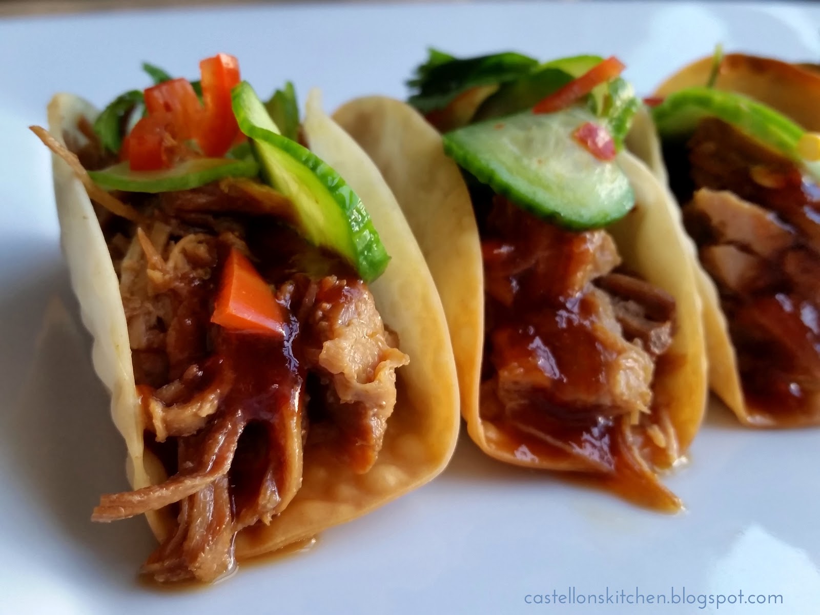 Castellon's Kitchen Spicy Pork Wonton Tacos with Cucumber Relish