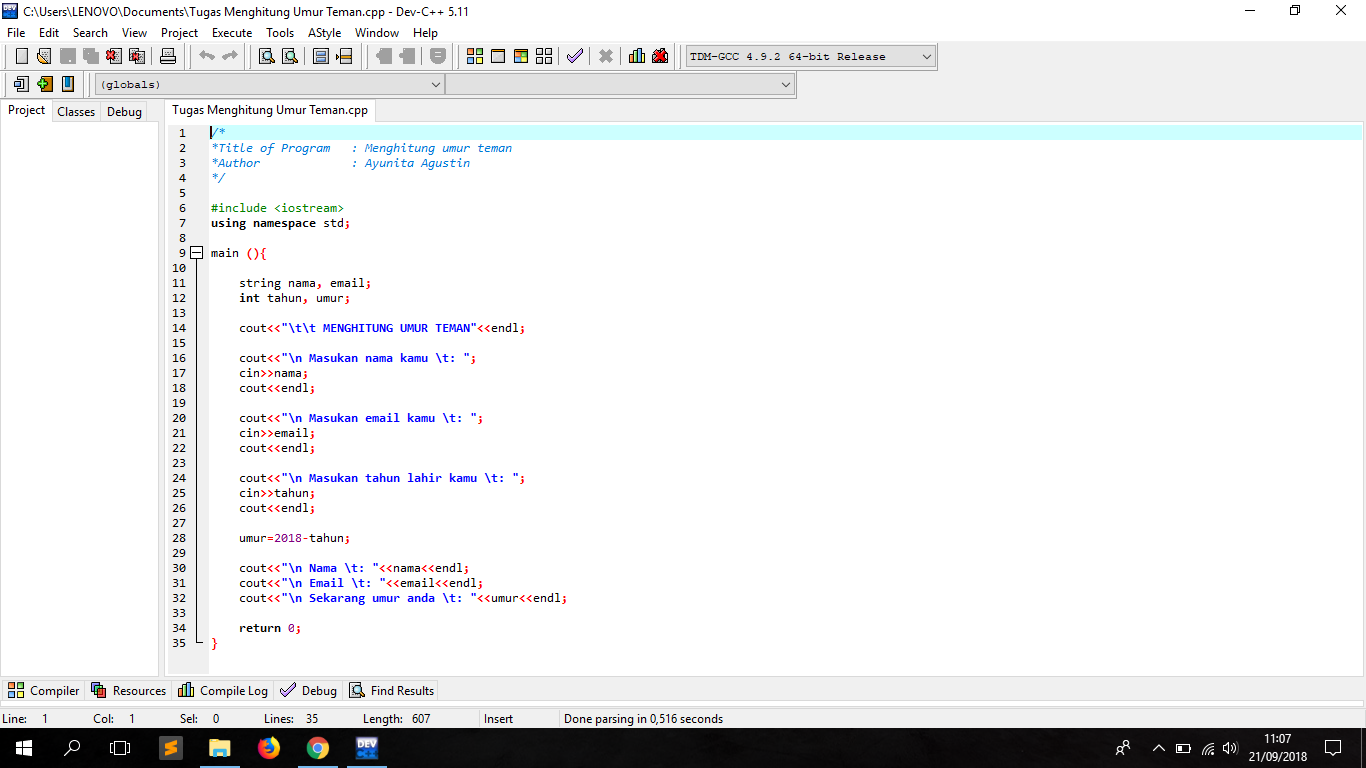 So simple so fun: Menghitung Usia dengan Aplikasi Dev C++