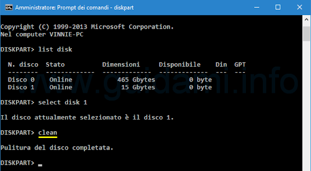 Windows Prompt dei comandi diskpart clean