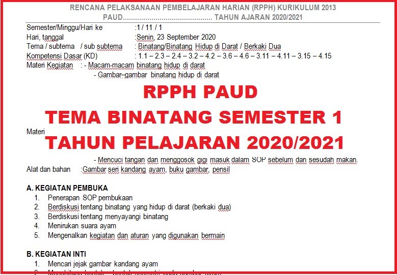 RPPH PAUD Tema Binatang Semester 1 Tahun Pelajaran 2020