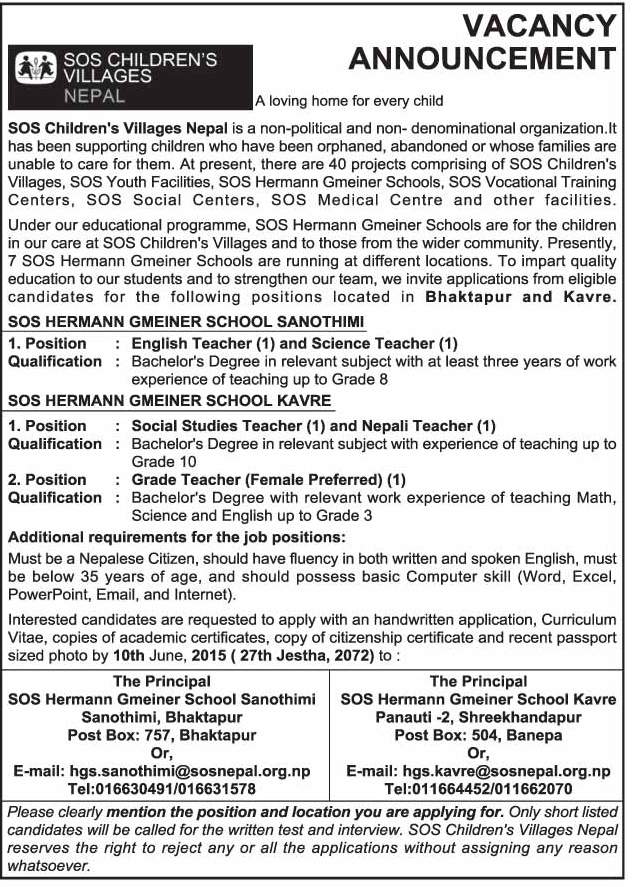 Job Vacancy at SOS Children's Villages Nepal Jobs in Nepal