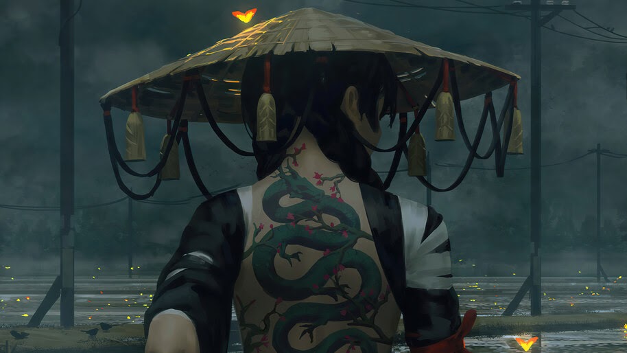 8.1459, Samurai, Girl, Back, Tattoo, 4K Wallpaper