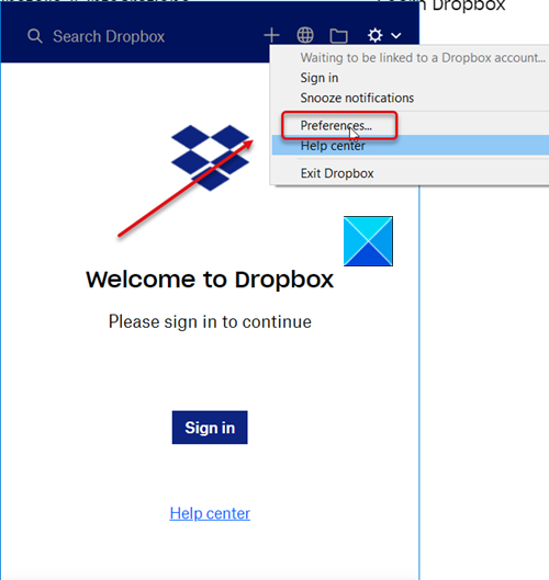 Настройки Dropbox