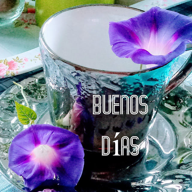 Buenos días con taza y flores azules