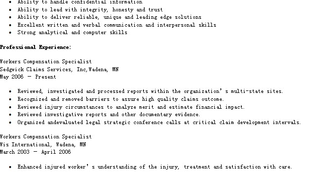 workers compensation resume