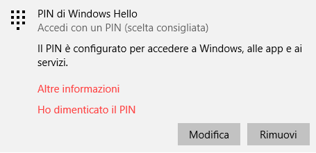 PIN di Windows Hello configurato su Windows 10