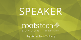 RootsTech London 2019 Speaker badge, logo, RootsTech.org