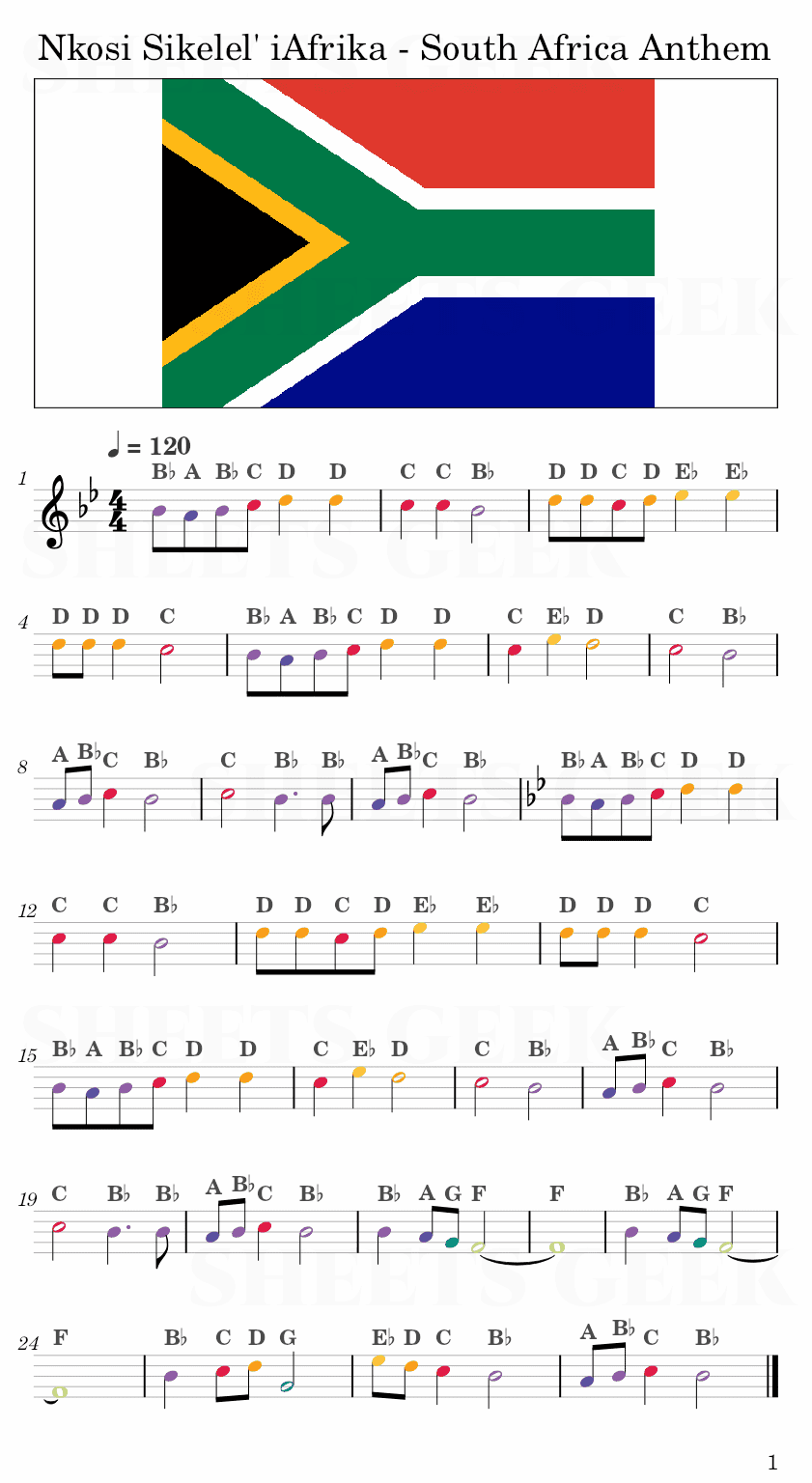 Nkosi Sikelel' iAfrika South Africa National Anthem Easy Sheet Music