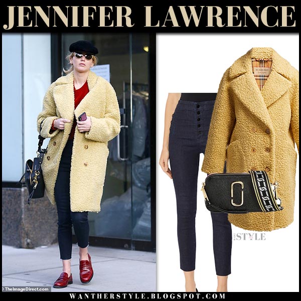 Jennifer Lawrence in yellow teddy coat and skinny jeans in New York ...