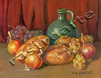 Bodegón con vasija vidriada, uvas, cebollas y panes