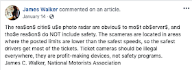 Facebook post from James C Walker, NMA lobbyist argues for increasing speed limits