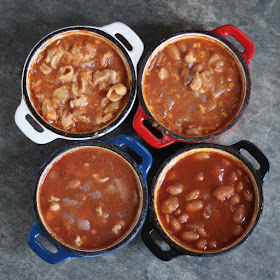 Four servings of chili, all a little different, cooked at the same time. Ideal for families where people have allergies, preferences, or tastes.