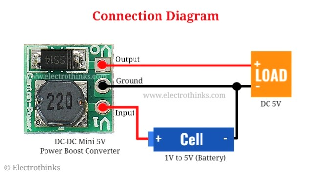 Connection diagram of ME2108 DC to DC 5V Step-up Converter module
