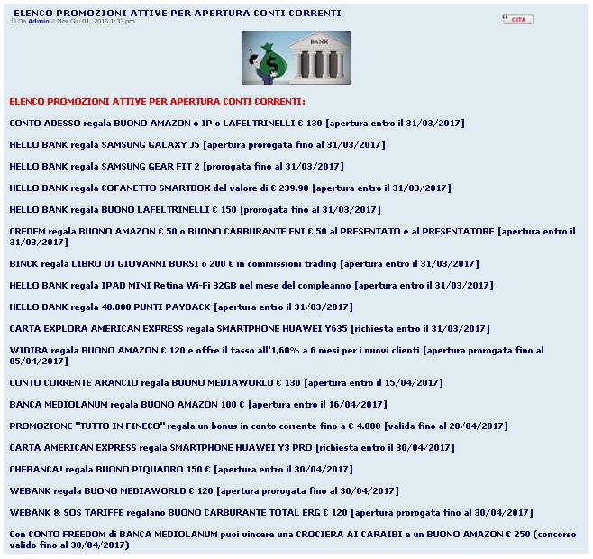 ELENCO PROMOZIONI ATTIVE PER APERTURA CONTI CORRENTI
