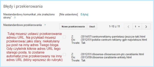 Ustawienie przekierowań na Bloggerze.