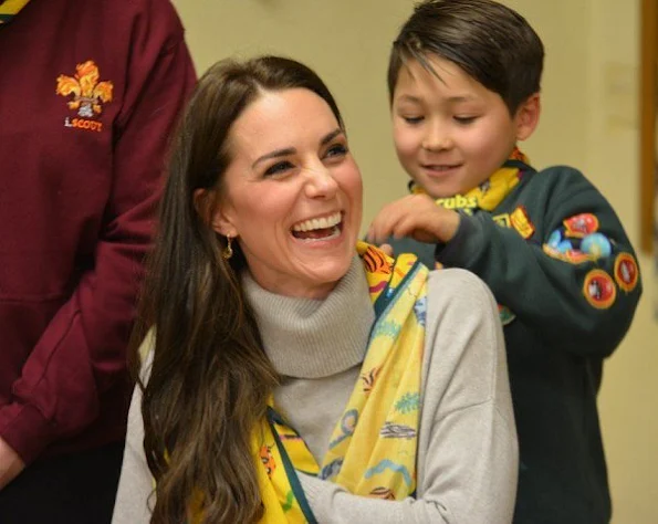 Kate Middleton wore IRIS AND INK Grace Cashmere Sweater, Really Wild Spanish Boots in Chocolate Suede,Cubs100 Official Adult Scarf