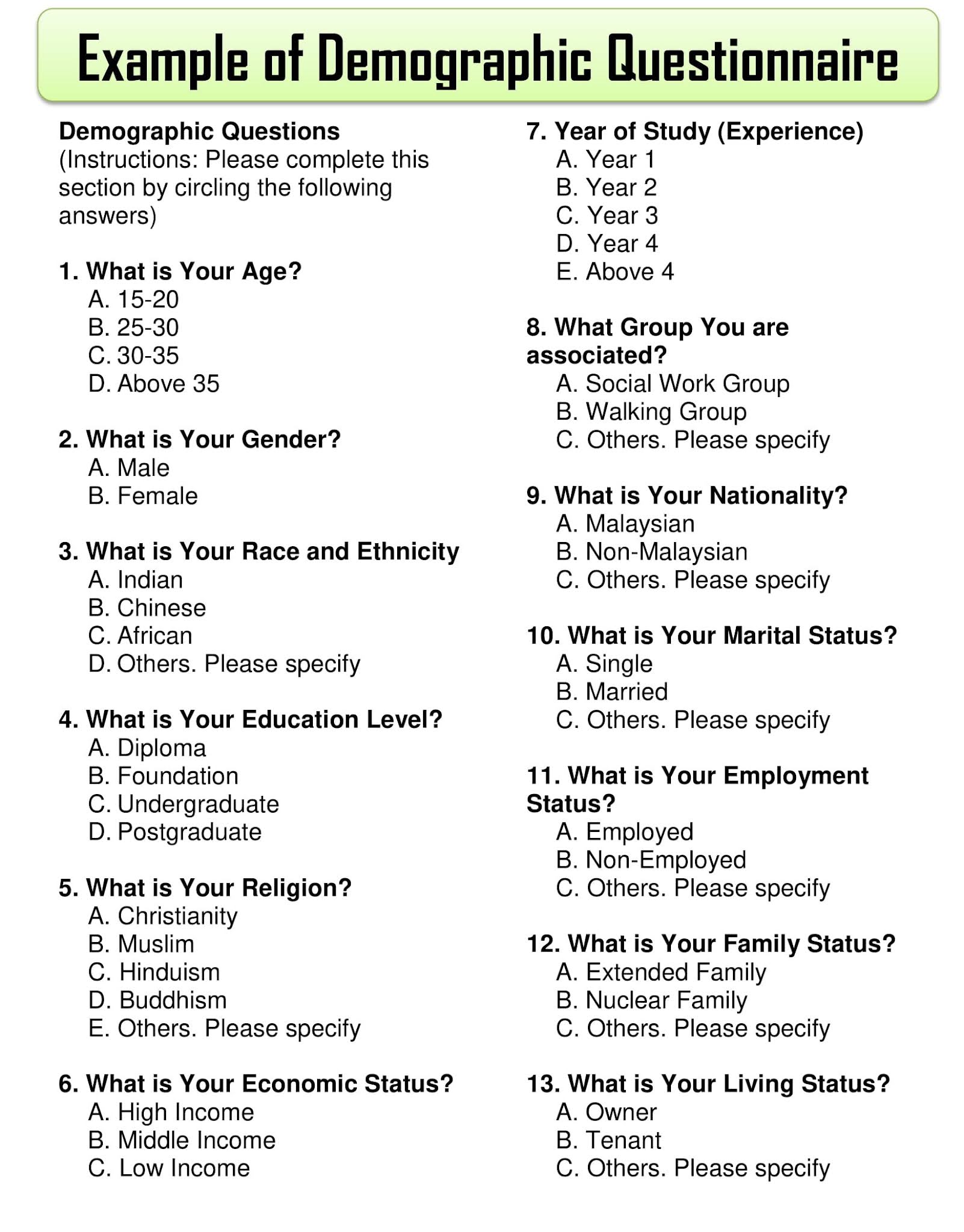 Demographic Target Market Segmentation Questionnaire Examples