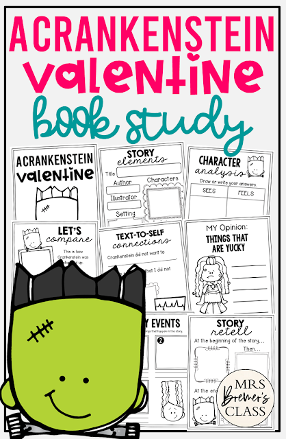 A Crankenstein Valentine book study activities unit with Common Core aligned literacy activities and craftivity for Kindergarten and First Grade