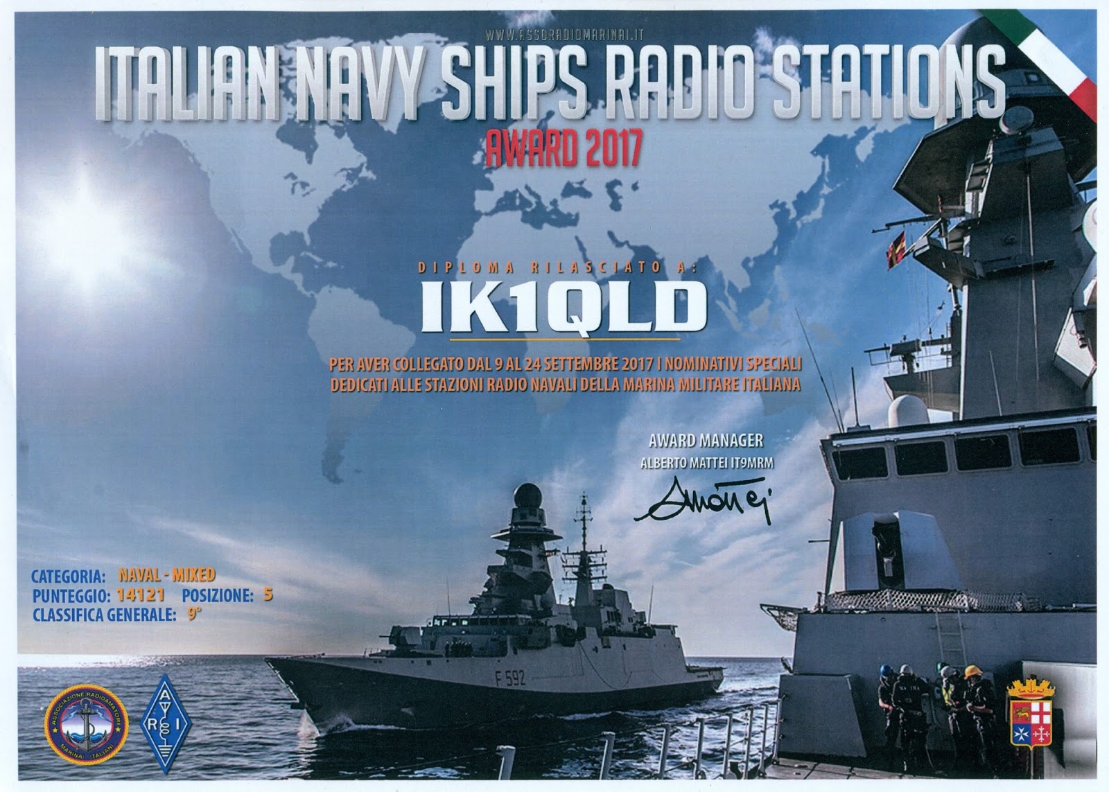 Angelo Brunero IK1QLD IT Navy Ships Radio Stations Award