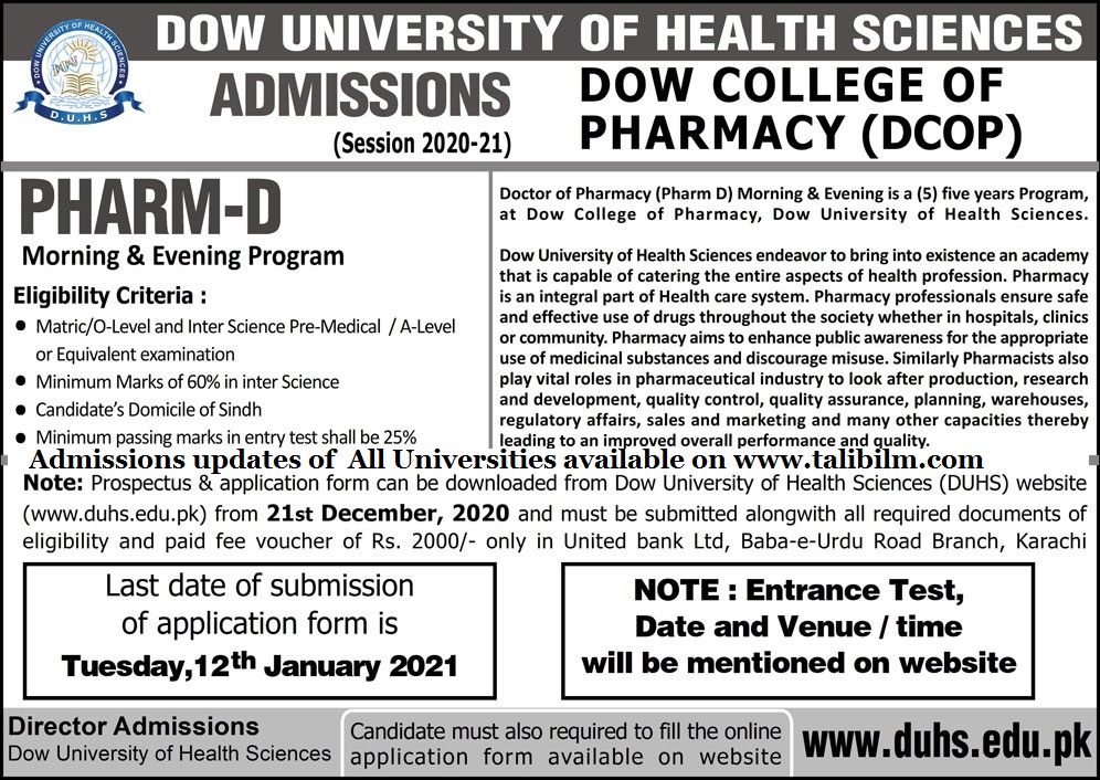 Admissions Open for PHARM-D in DOW College of Pharmacy Karachi for year 2021 Admissions Open for PHARM-D in DOW College of Pharmacy Karachi for year 2021
